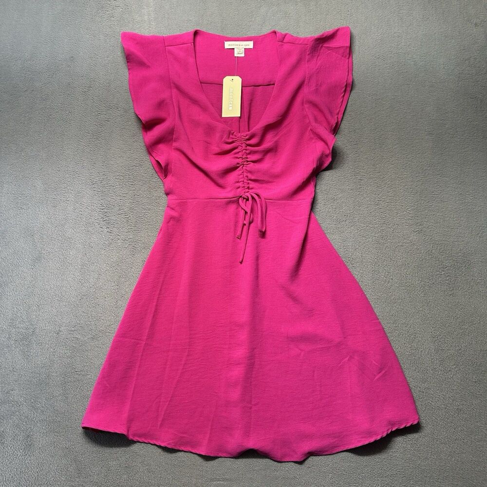 Monteau Los Angeles Womens S Dress Pink Ruched Front Tie Flutter Sleeve Mini NWT